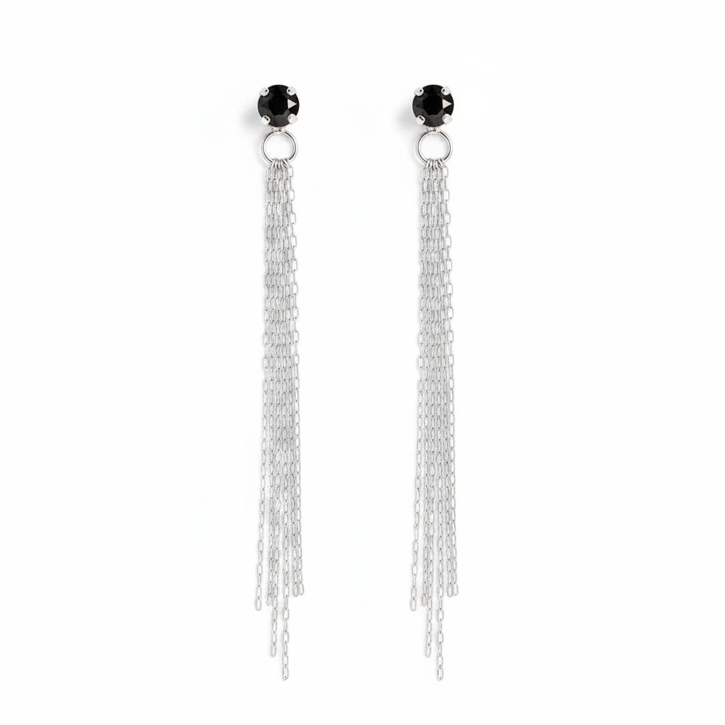 Sterling Silver Black Crystal Tassel Earring
