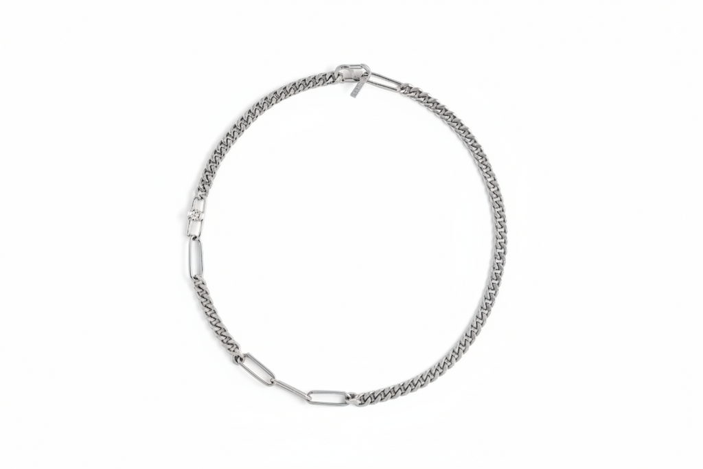 Oval & Cuban Links Necklace With Stone