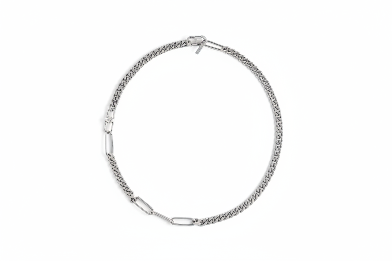 Oval & Cuban Links Necklace With Stone