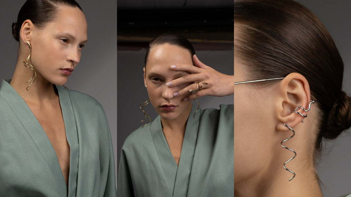 Model wearing Noritamy Snake Earrings, The Snake Ring and the Snake Ear Cuff